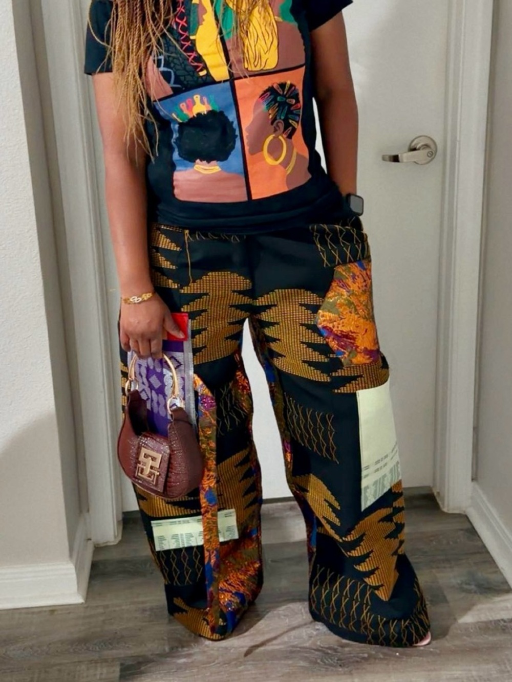 Patterned Wide-Leg Cargo Pants - Black & Brown